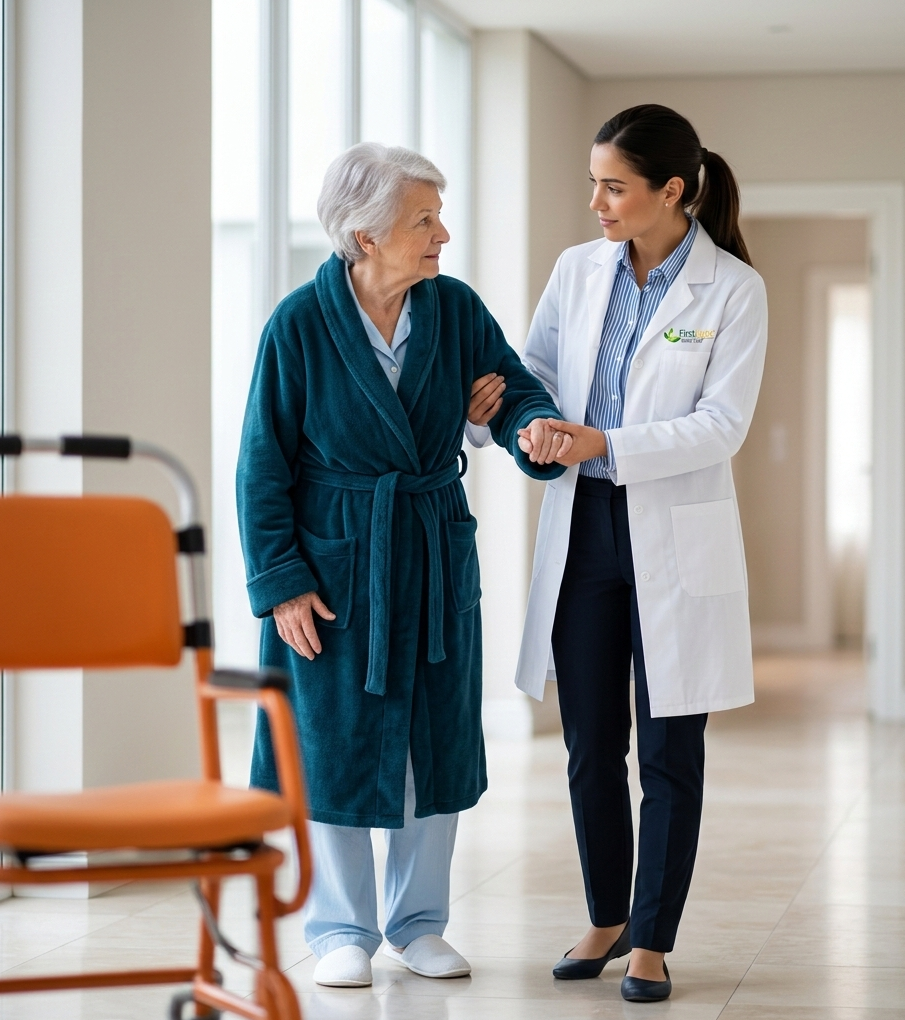 Firstlight home care senior in the garden with PSW walkinf