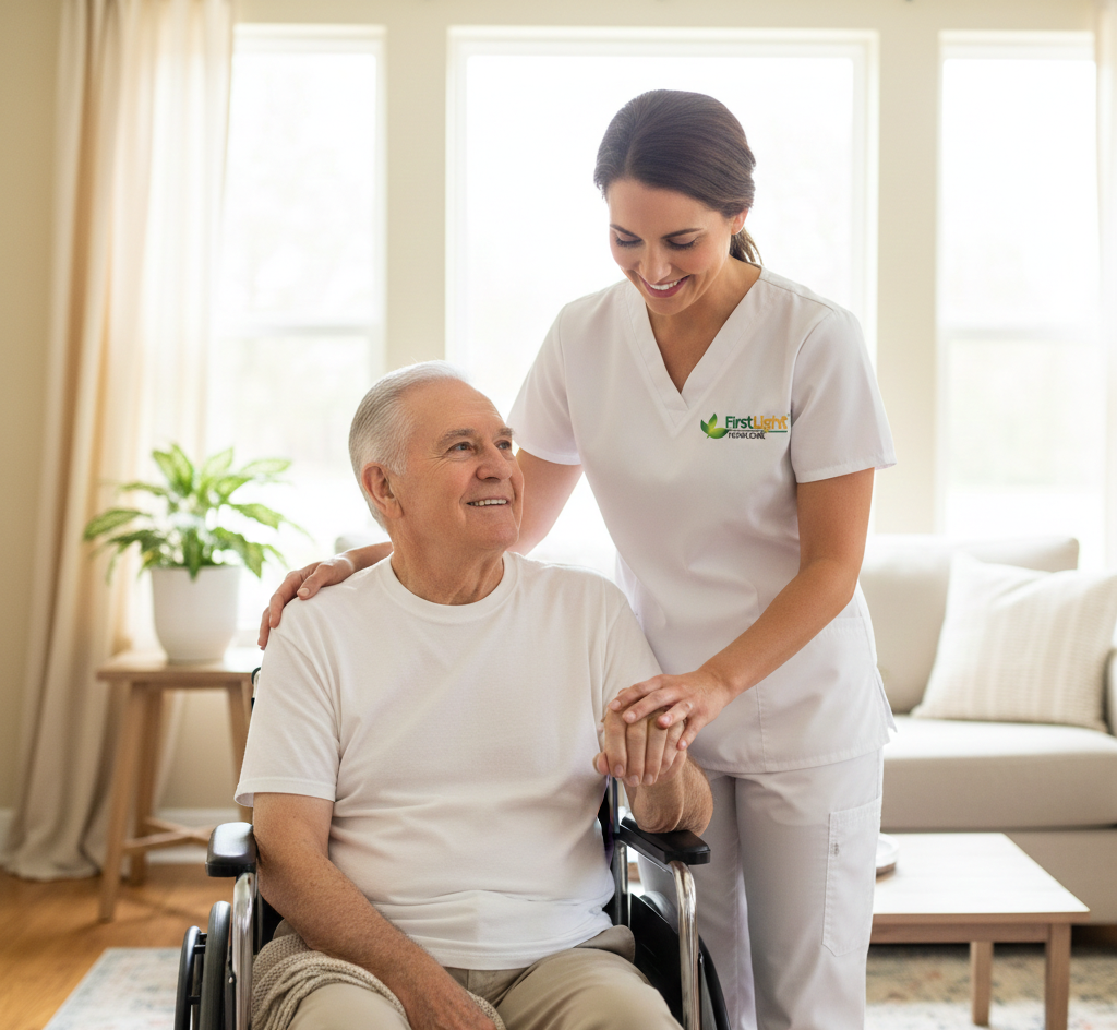 FirstLight Home Care caregiver assisting a senior client at home in Canada