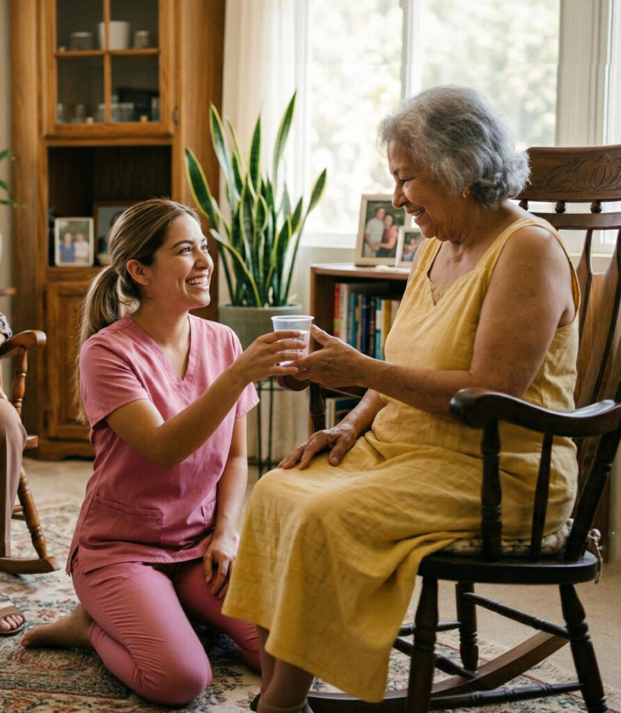 Firstlight Home Care senior with young female nurse chair2